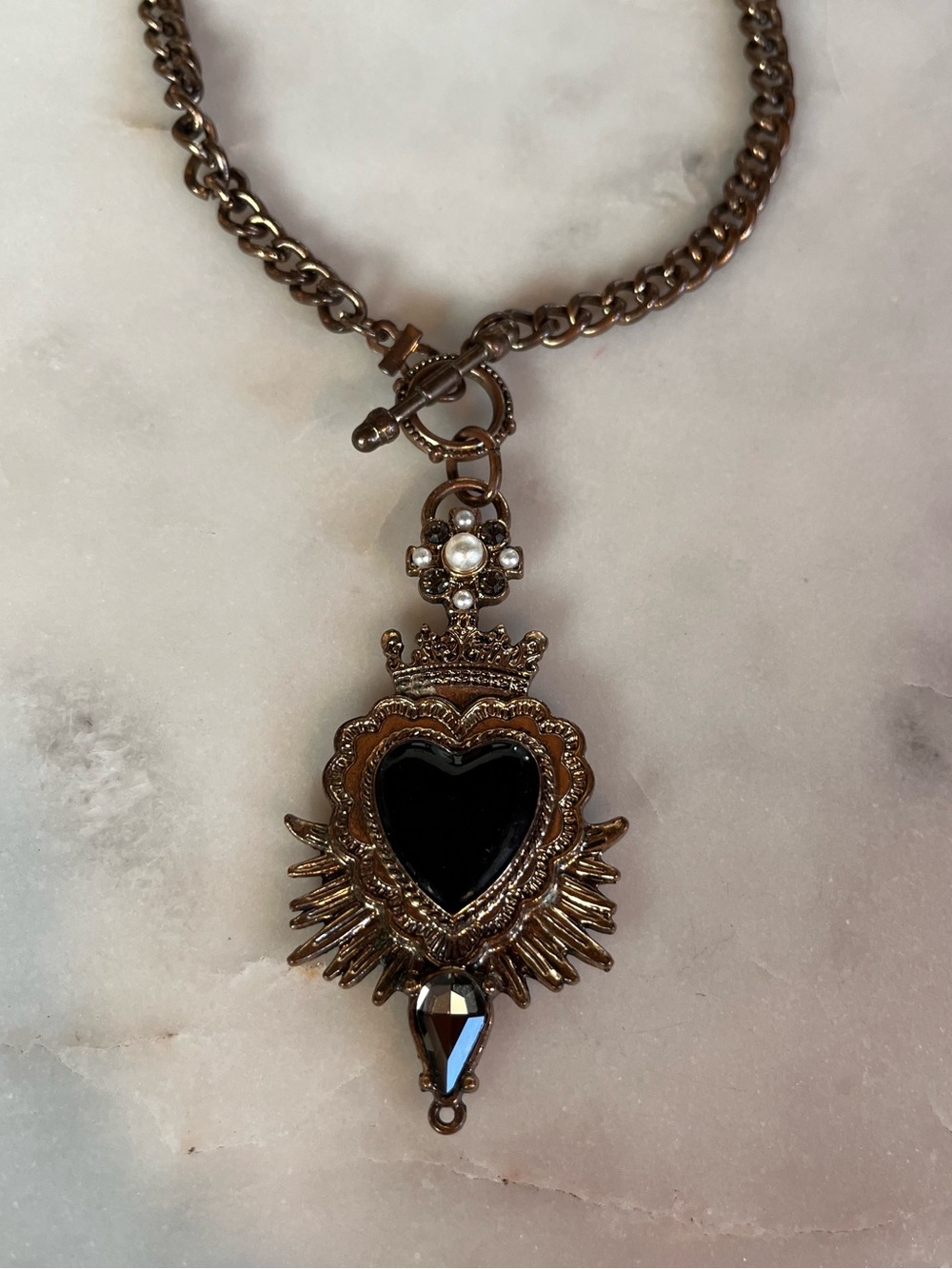 Vintage Antique Brass Sacred Heart Crown Pendant Necklace | Black Enamel & Pearl